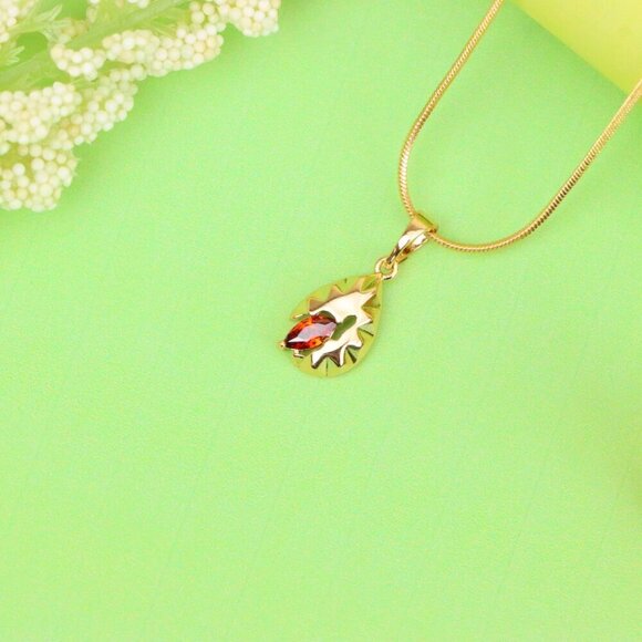 "Gold Teardrop Pendant with Marquise Red Stone and Textured Design, XPPT1722 - Picture 13 of 13